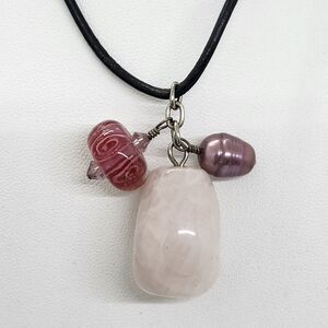 Rose Quartz Art Glass Pearl Black Cord‎ Choker Necklace